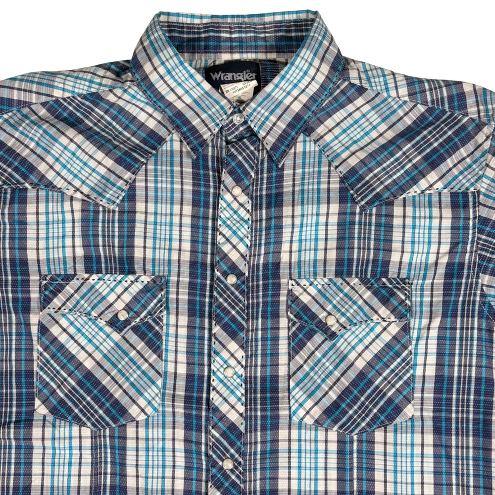 Wrangler Mens Blue Plaid Western Shirt Long Sleeve Pearl Snap Front L/G